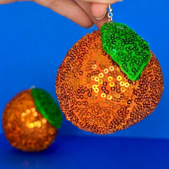 DiscoFruits Plush Sparkly Sequin Statement Disco Orange Earrings Orange & Green - Picture 3 of 5
